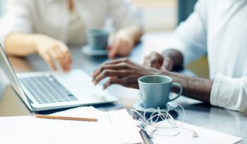 Account meeting with client and showing accounting records on laptop